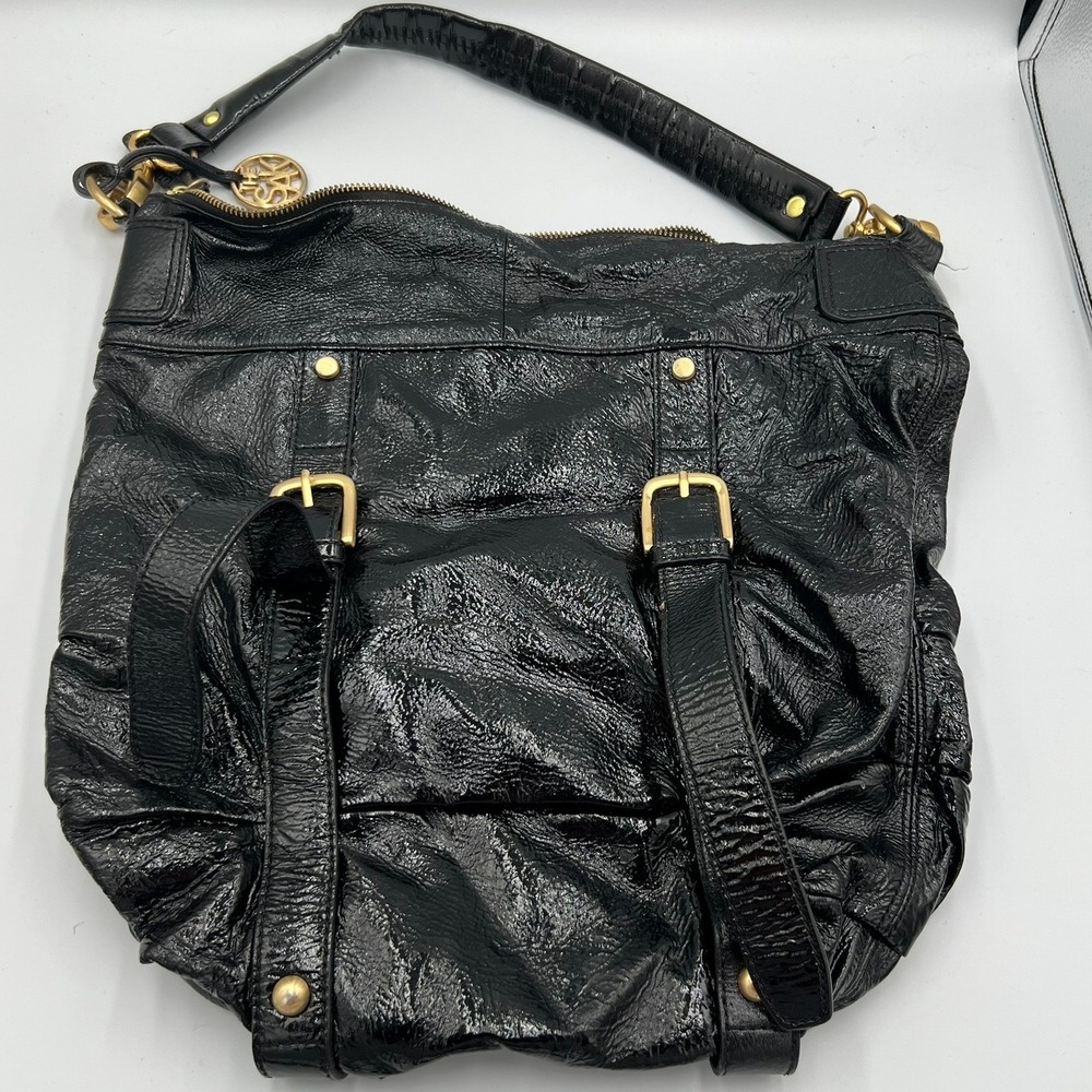 The Sak Hobo Bag Women Large Black Very Good Crinkled Patent Leather Buckle - Picture 3 of 8